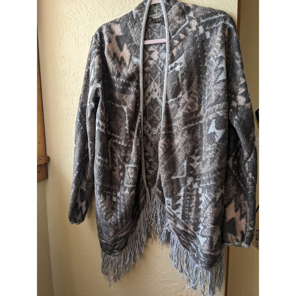 Lucky Brand Womens Gray Pink Southwestern Fringe Open Front Cardigan Sweater L